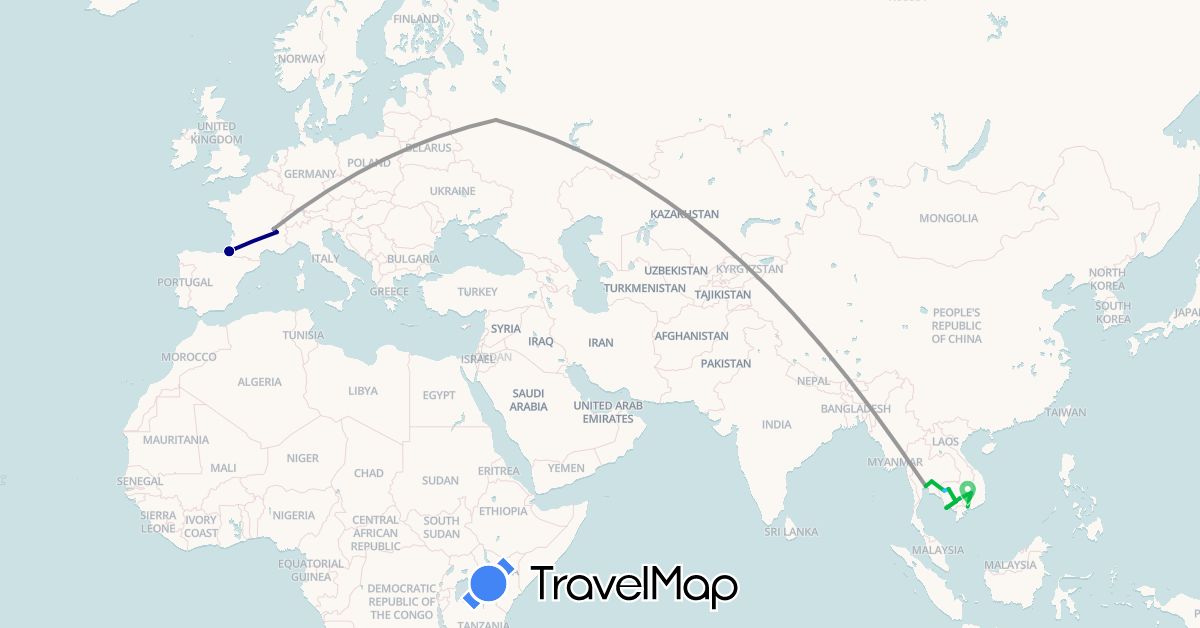TravelMap itinerary: driving, bus, plane, boat in France, Cambodia, Russia, Thailand, Vietnam (Asia, Europe)